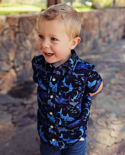 Boys Black Pacific Shark Short-Sleeve Button-Up