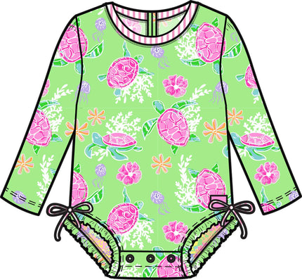 Baby Girls Neon Turtle Tide Long Sleeve One Piece Rash Guard Swimsuit with Signature Rear Ruffles