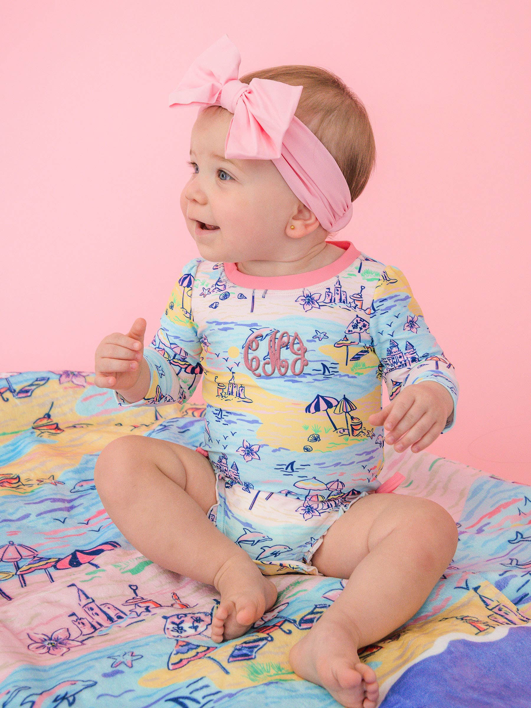 Baby Girls Beach Day Long Sleeve One Piece Rash Guard Swimsuit with Signature Rear Ruffles