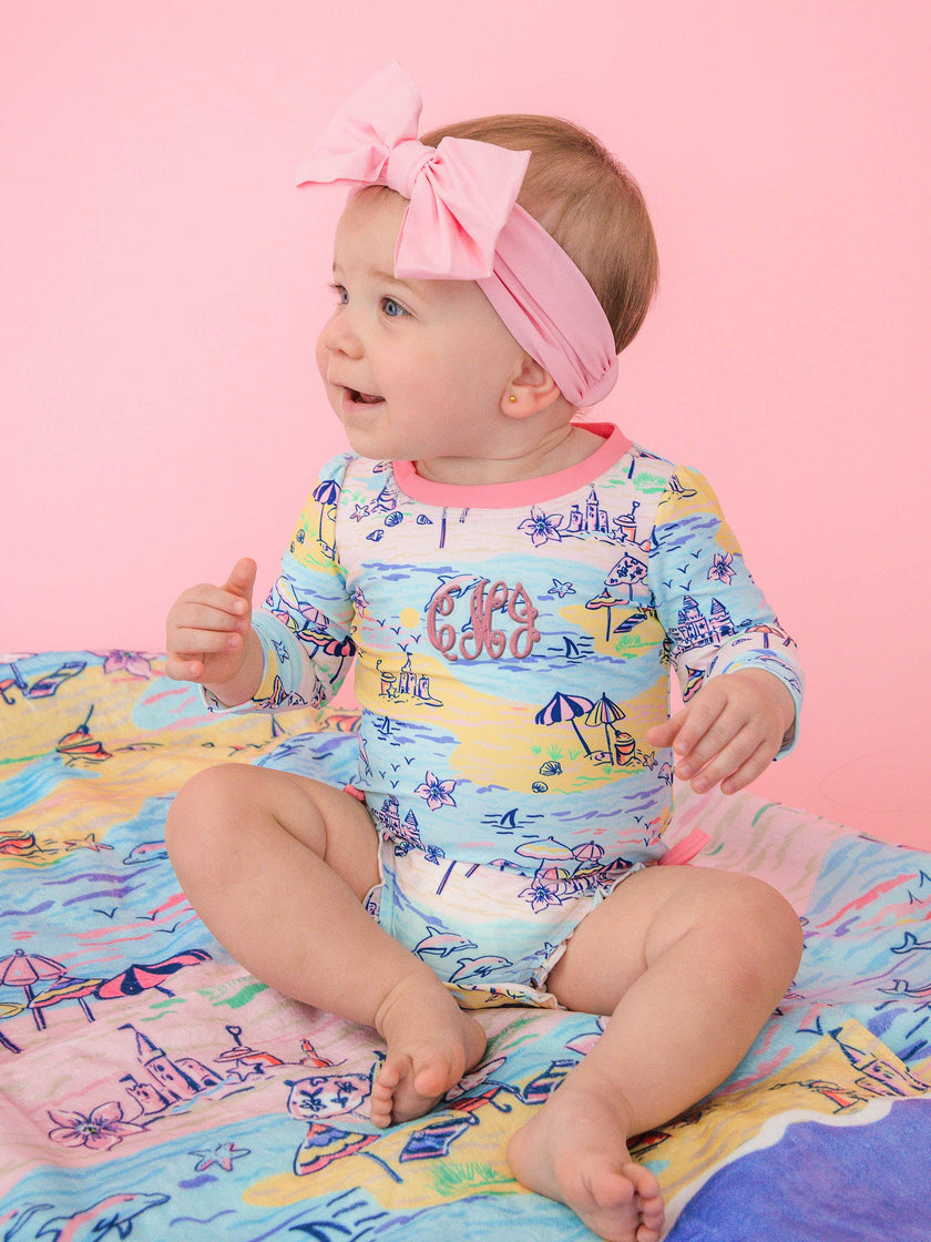 Baby Girls Beach Day Long Sleeve One Piece Rash Guard Swimsuit with Signature Rear Ruffles