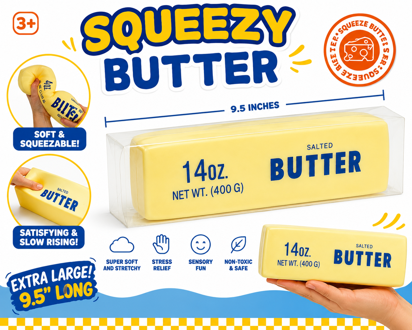Squeezy Butter Squishy Toy – Extra Large 9.5” Rubber-Filled Sensory Toy