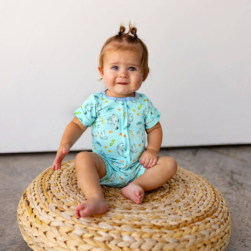 Get Your Float on Manatees Bamboo Short Two-Way Zippy Romper 0-24M