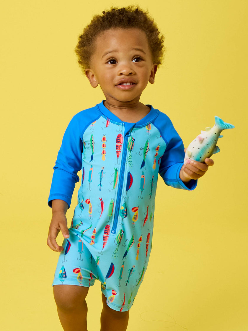 Baby Boys Gone Fishin Long Sleeve One Piece Rash Guard Swimsuit