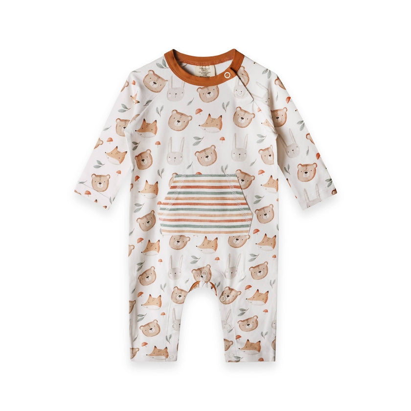 Forest Animals Kangaroo Pocket Baby Jumpsuit (Organic)