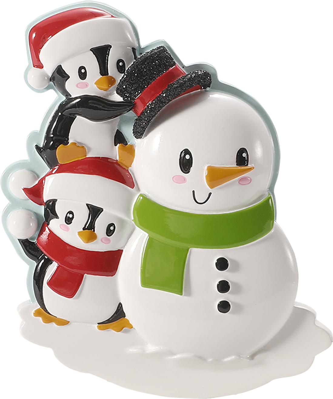 Penguin Family Building a Snowman Personalized Ornament