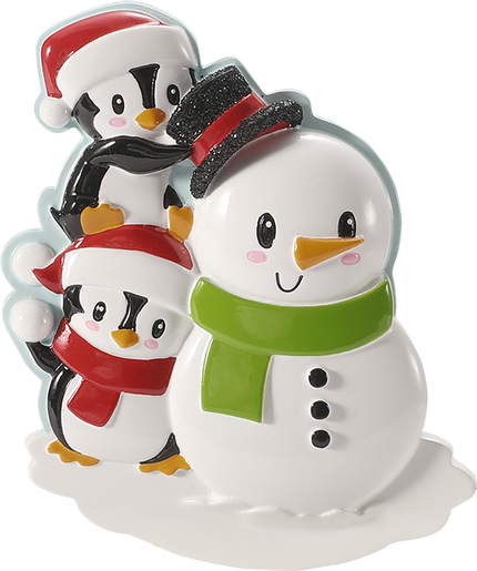 Penguin Family Building a Snowman Personalized Ornament