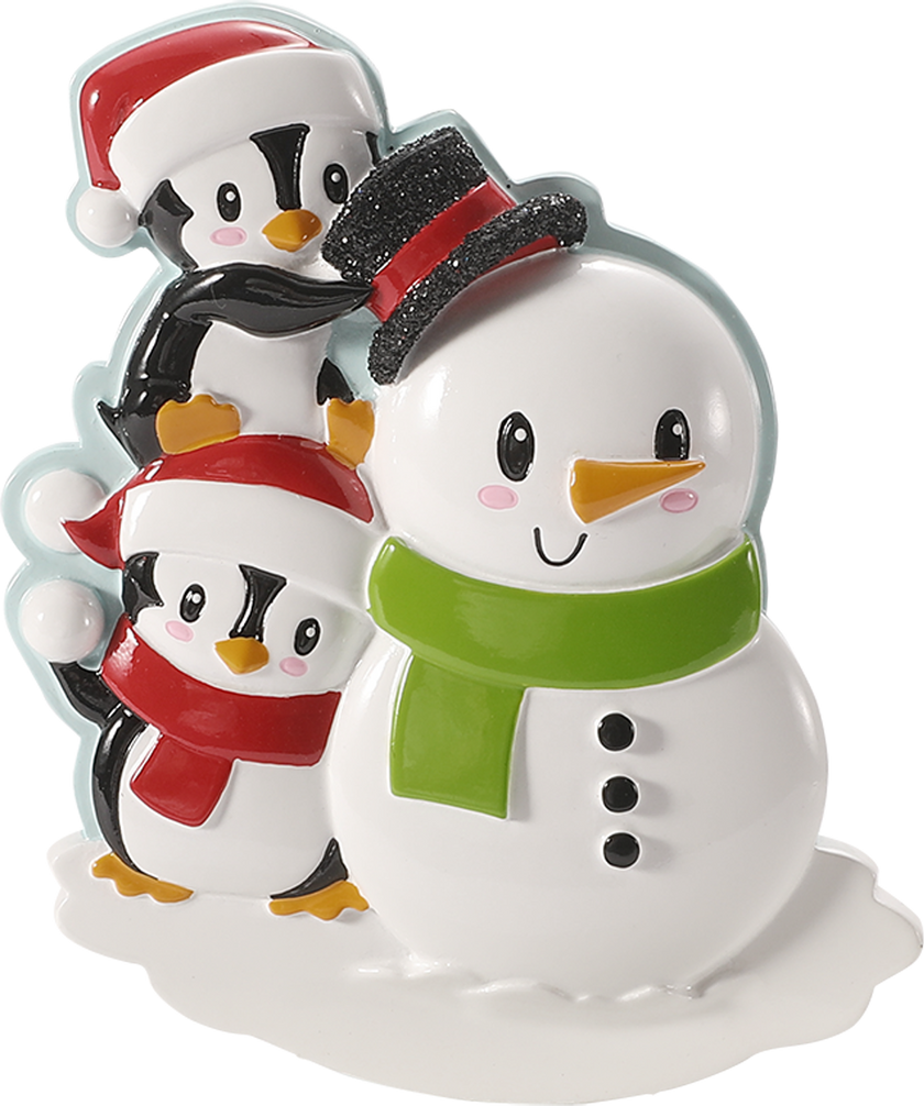 Penguin Family Building a Snowman Personalized Ornament