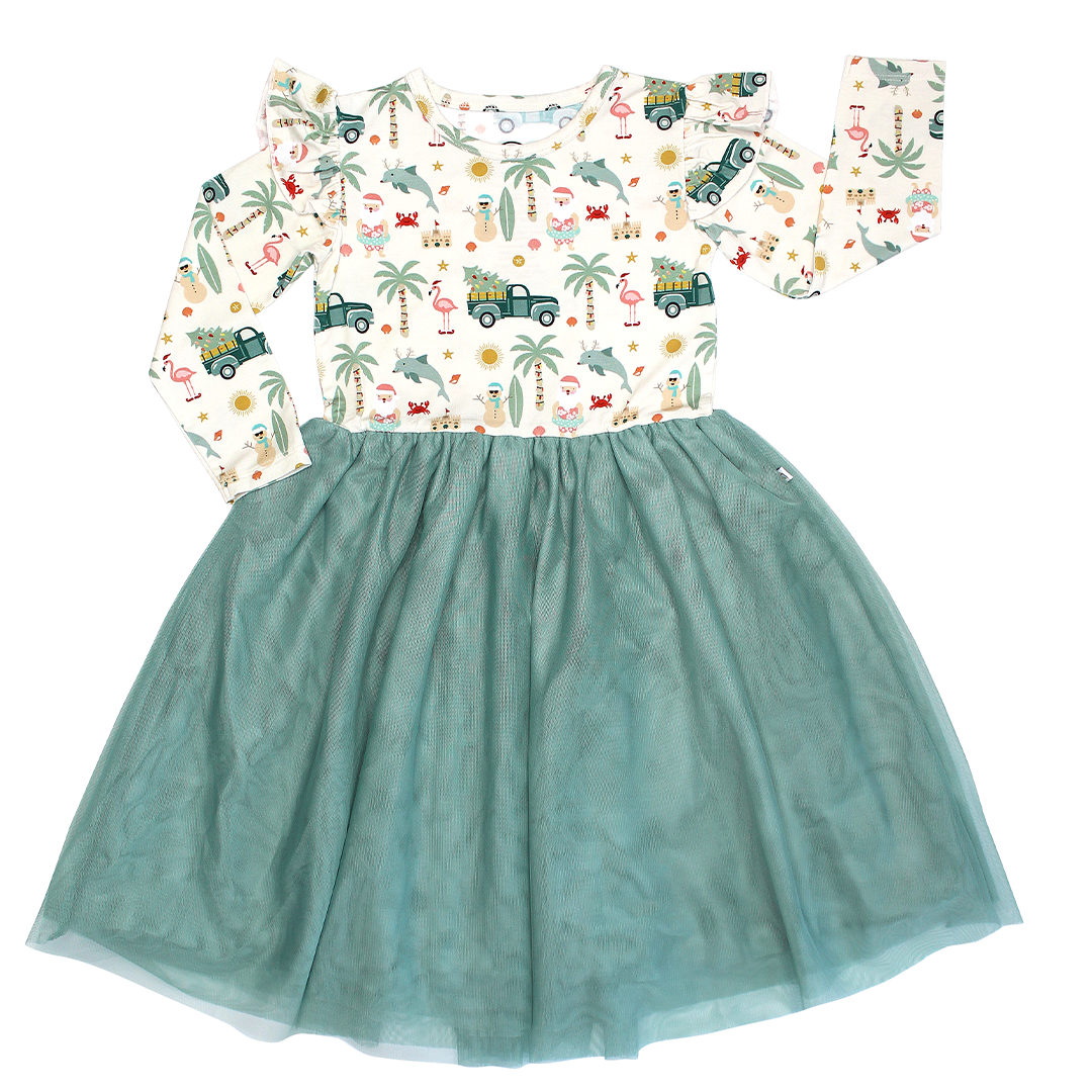 Coastal Christmas Flutter Long Sleeve Tulle Twirl Bamboo Dress