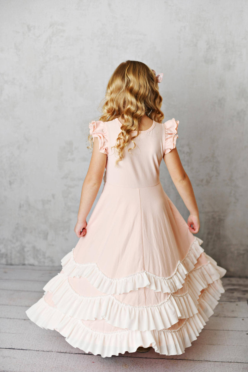 Kids Light Pink Ruffles Flutter Sleeve Rosette Spring Dress