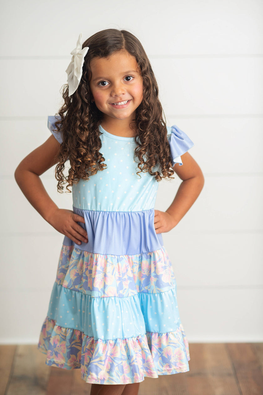 Kids Blue & Purple Polka Dot Floral Tiered Easter Dress
