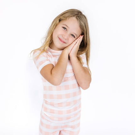 Pink Gingham Two-Piece Bamboo Short Sleeve Pajama Kids Pants Set