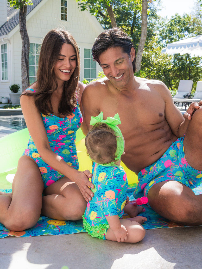 Baby Girls Neon Jelly Time Long Sleeve One Piece Rash Guard Swimsuit