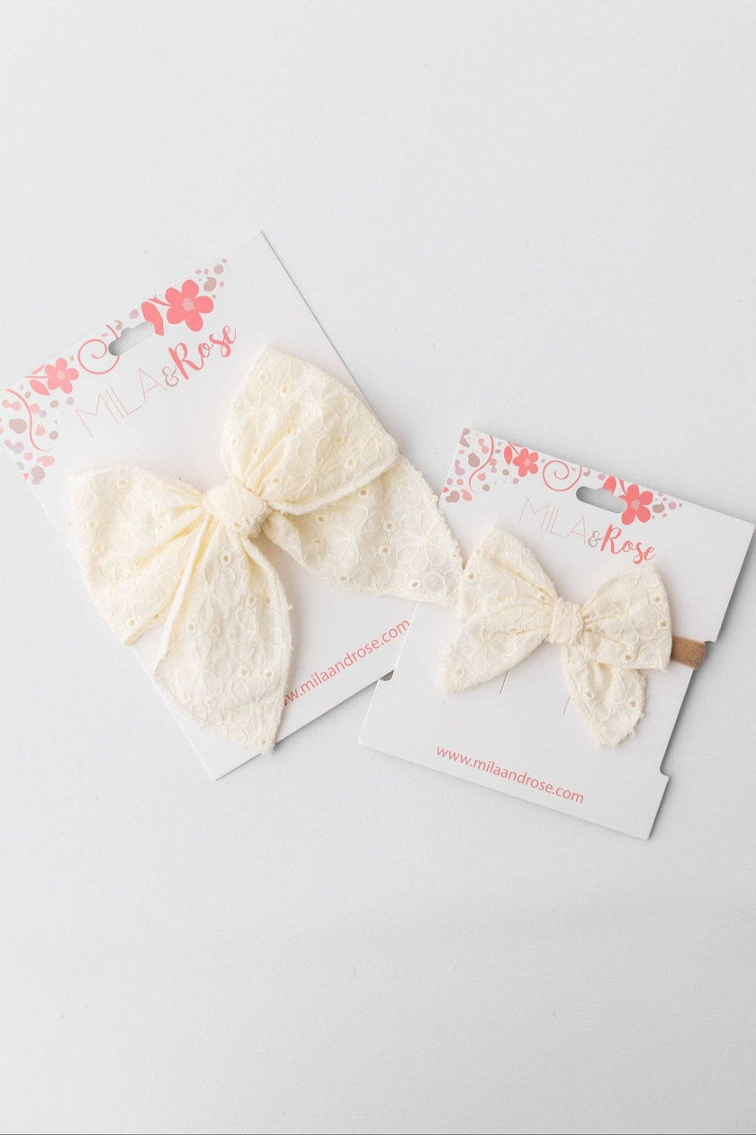 Classic Hair Bow - Cream Eyelet