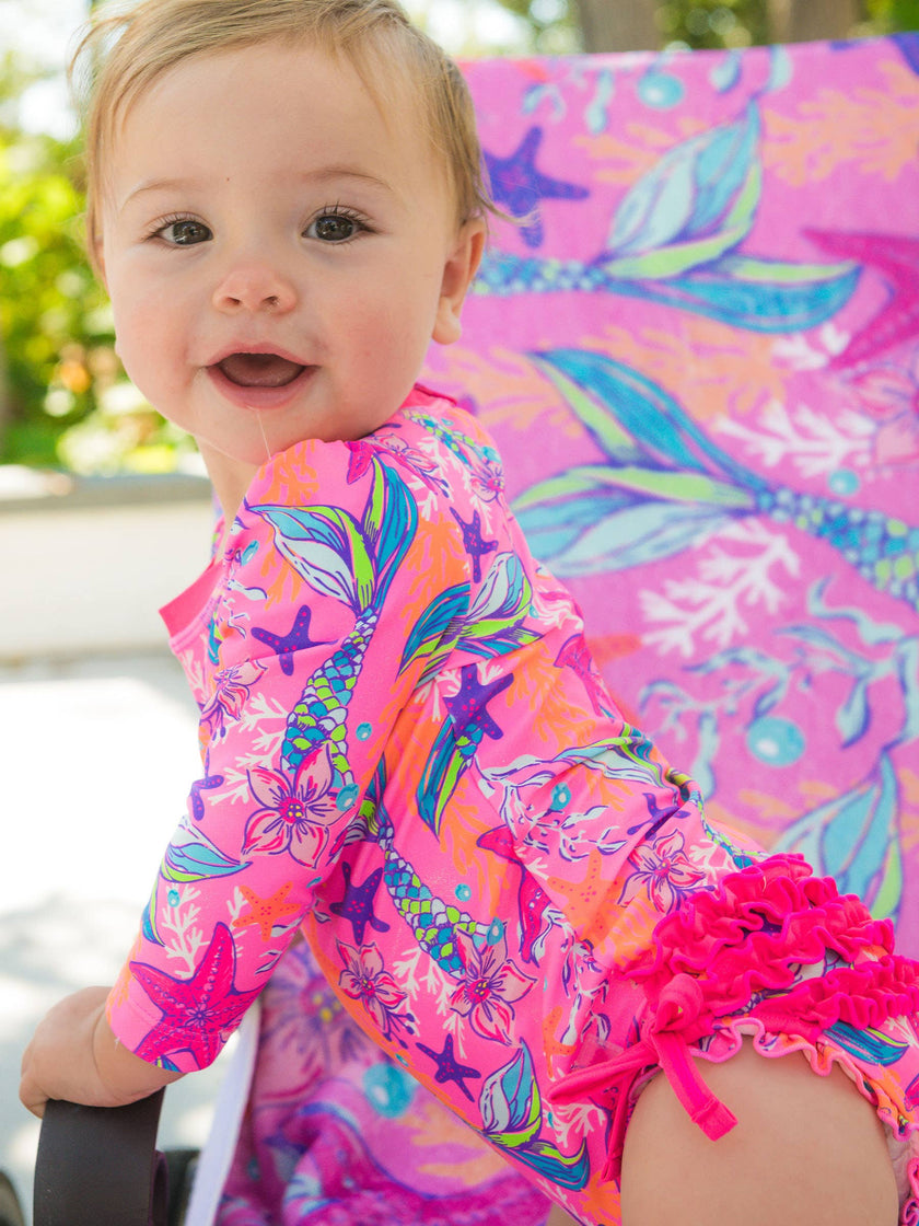 Baby Girls Neon Shimmer Mermaid Long Sleeve One Piece Rash Guard Swimsuit with Signature Rear Ruffles