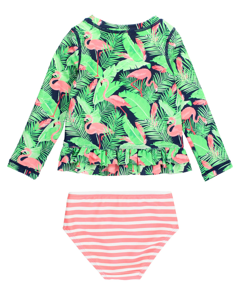 Flamingo Frenzy Ruffle Hem Rash Guard 2-piece