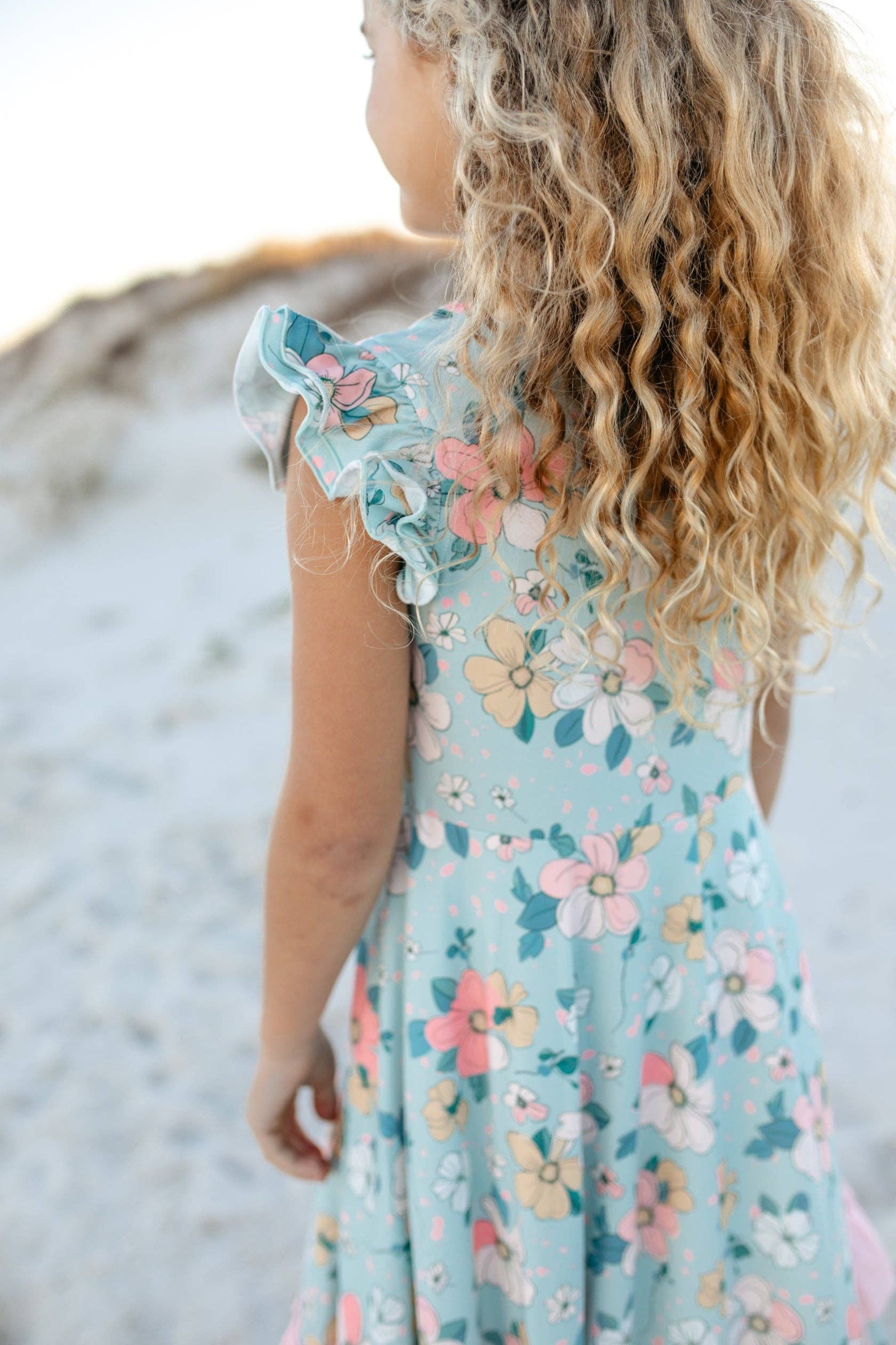 Kids Bella Mint Pastel Floral Flutter Sleeve Ruffles Dress