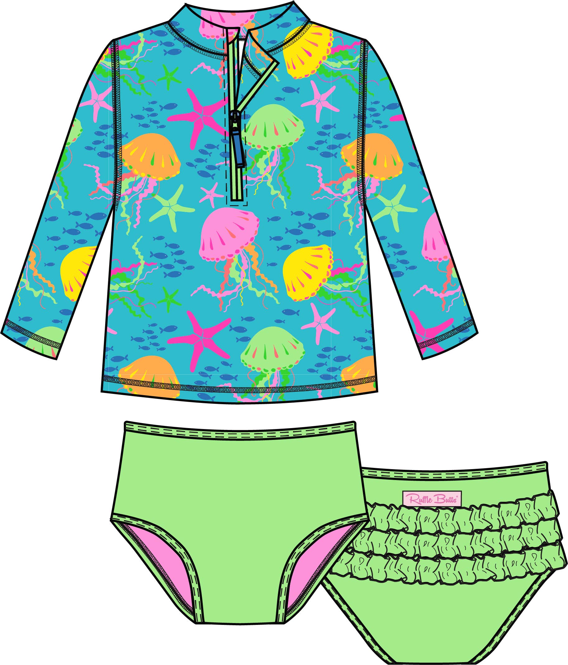 Girls Neon Jelly Time Long Sleeve Zipper Rash Guard 2-Piece Swimsuit with Signature Rear Ruffles