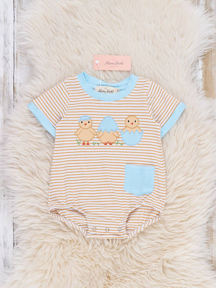 Peeping Chicks Striped Embroidered Cotton Onesie