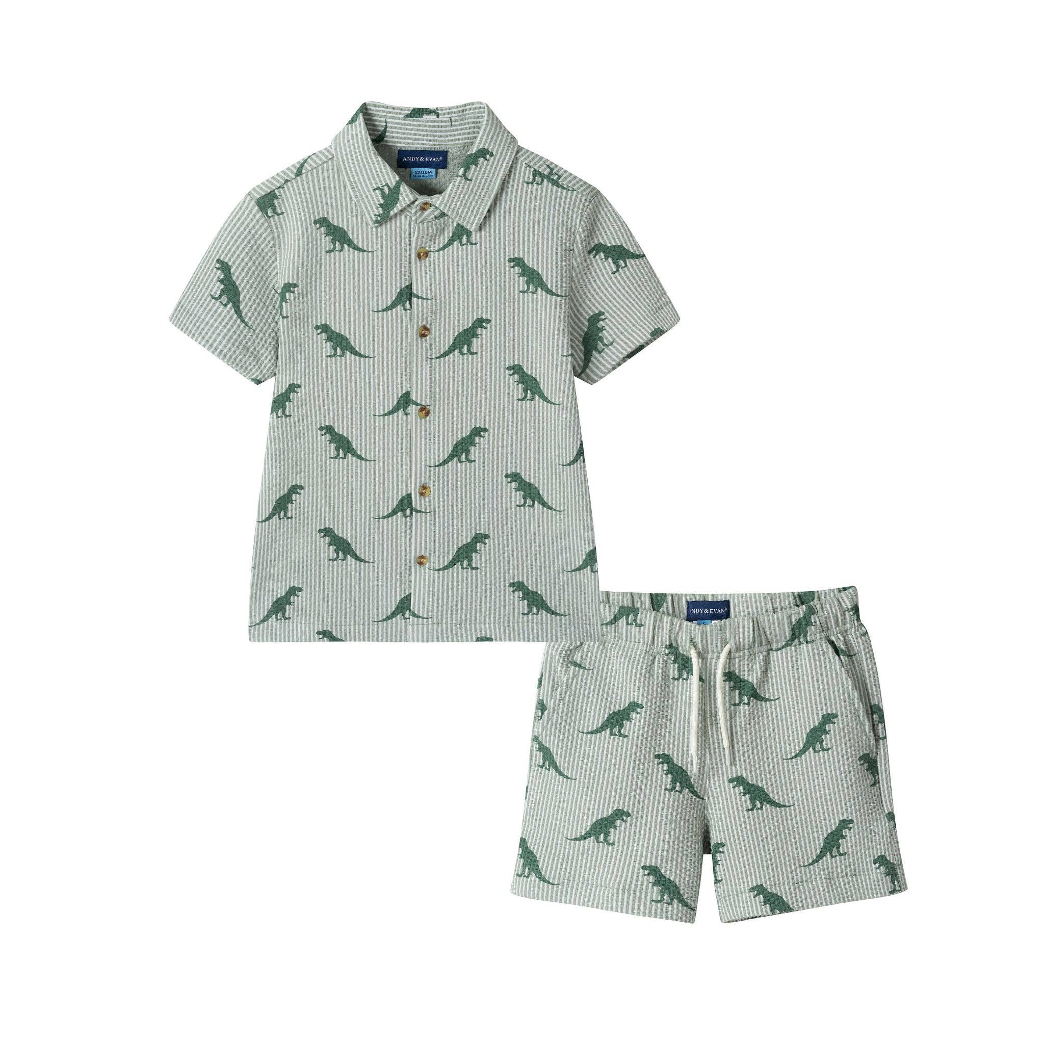 Boys Short Sleeve Cabana Set | Green Stripe Dino