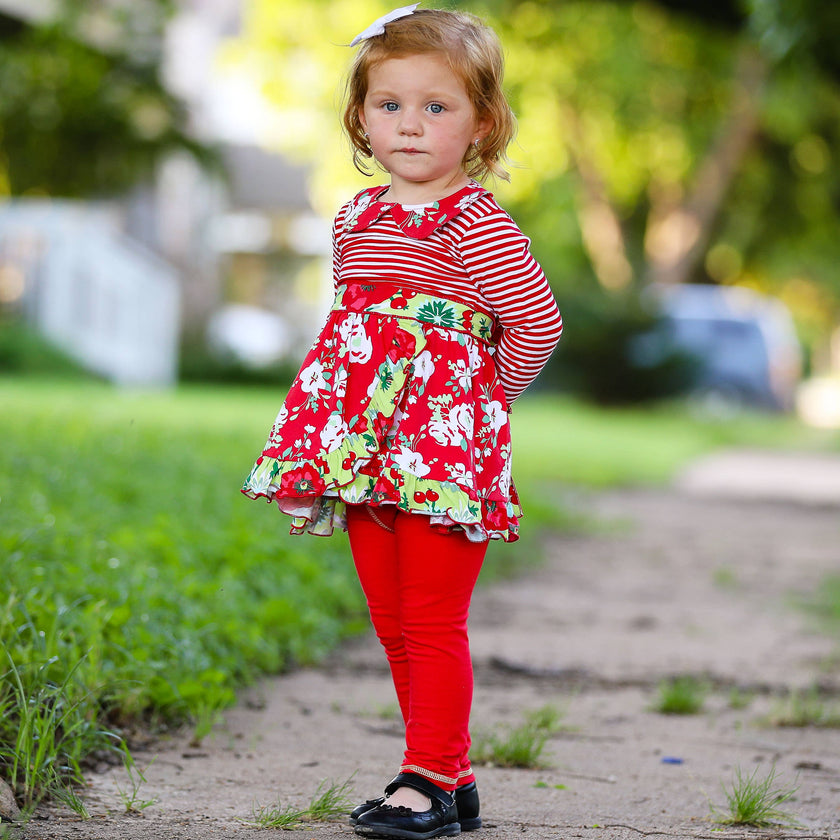 Girls Red Floral Stripes Christmas Dress & Leggings