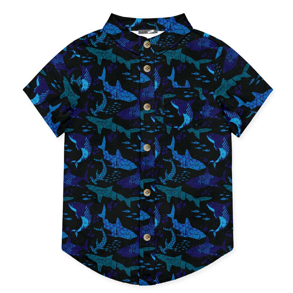 Boys Black Pacific Shark Short-Sleeve Button-Up