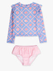 Girls Tropical Trellis Flutter Long Sleeve Rash Guard Skirted 2-Piece Swimsuit