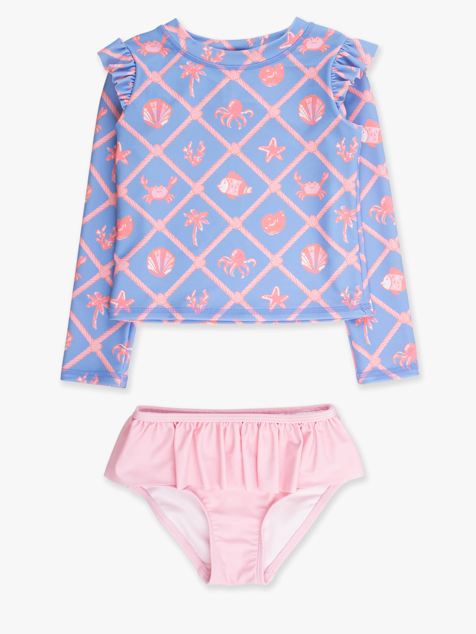 Girls Tropical Trellis Flutter Long Sleeve Rash Guard Skirted 2-Piece Swimsuit