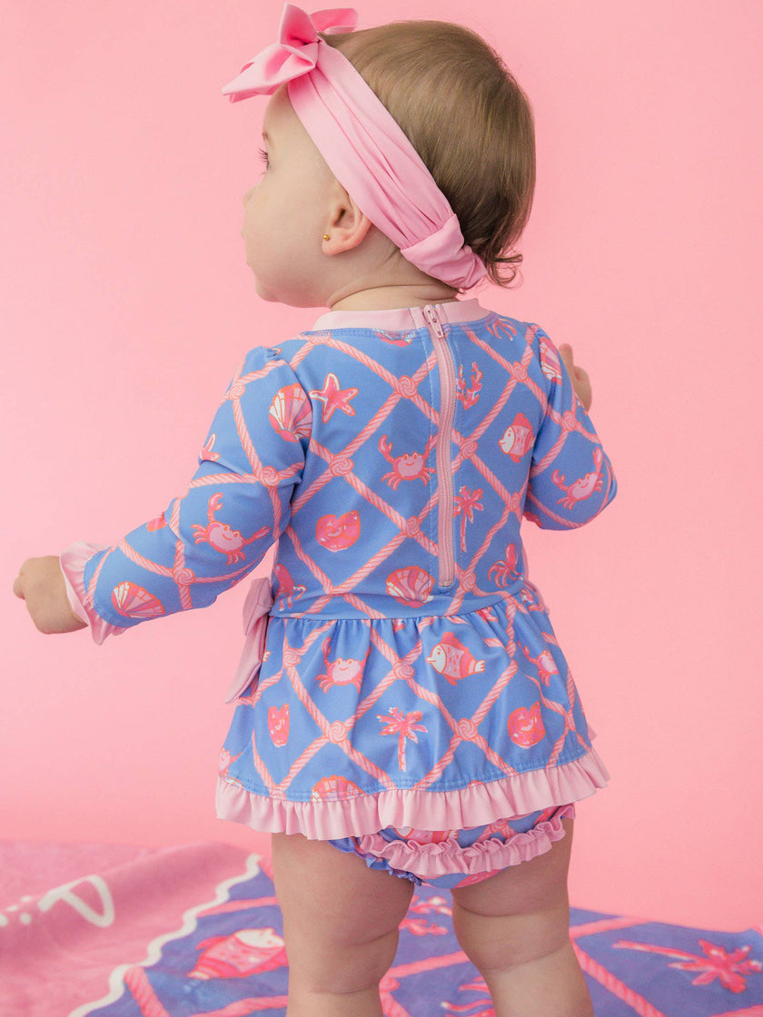 Baby Girls Tropical Trellis Long Sleeve One Piece Bow Peplum Rash Guard Swimsuit with Signature Rear Ruffles