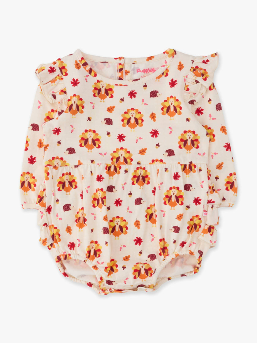 Baby Girls Thanksgiving Turkey Gobble Knit Long Sleeve Flutter Bubble Romper