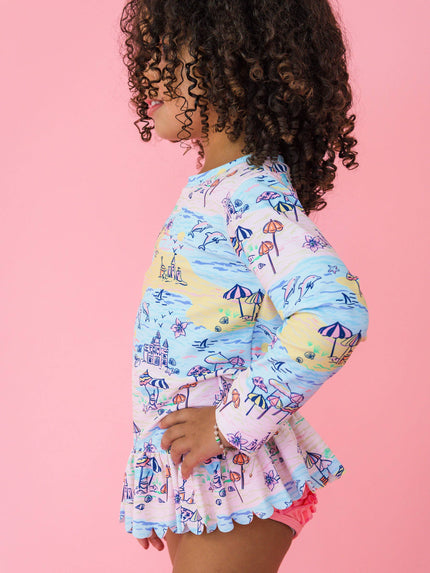 Girls Beach Day Scallop Hem Long Sleeve Rash Guard 2-Piece Swimsuit with Signature Rear Ruffles