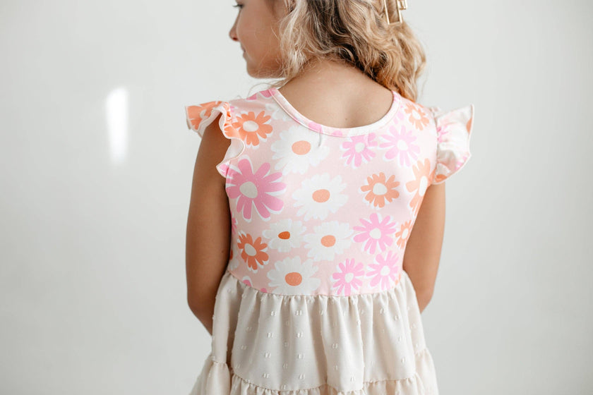 Girls Pink & Beige Retro Floral Swiss Dot Spring Twirl Dress
