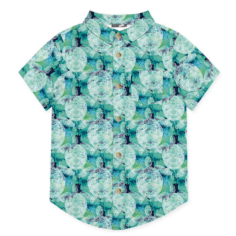 Boys Turquoise Green Tie-Dye Turtle Short-Sleeve Button-Up