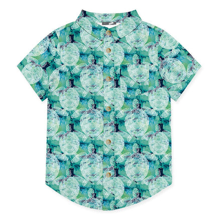 Boys Turquoise Green Tie-Dye Turtle Short-Sleeve Button-Up