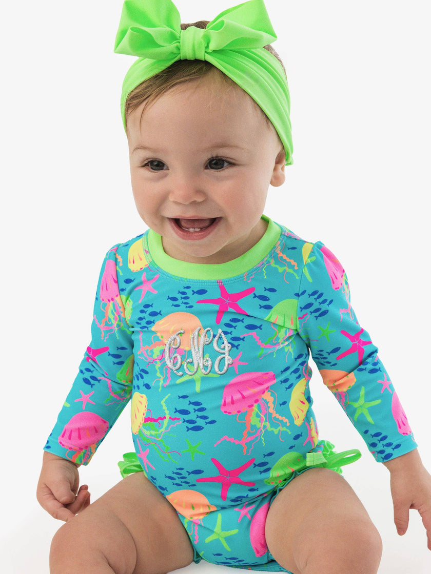Baby Girls Neon Jelly Time Long Sleeve One Piece Rash Guard Swimsuit