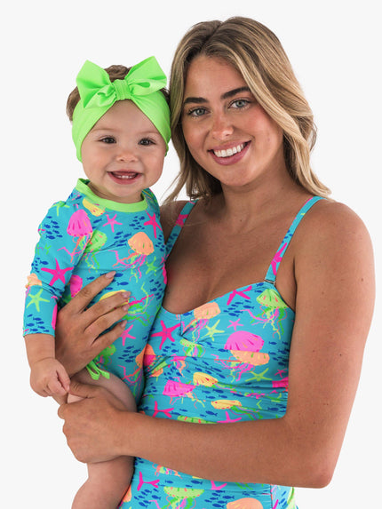 Baby Girls Neon Jelly Time Long Sleeve One Piece Rash Guard Swimsuit