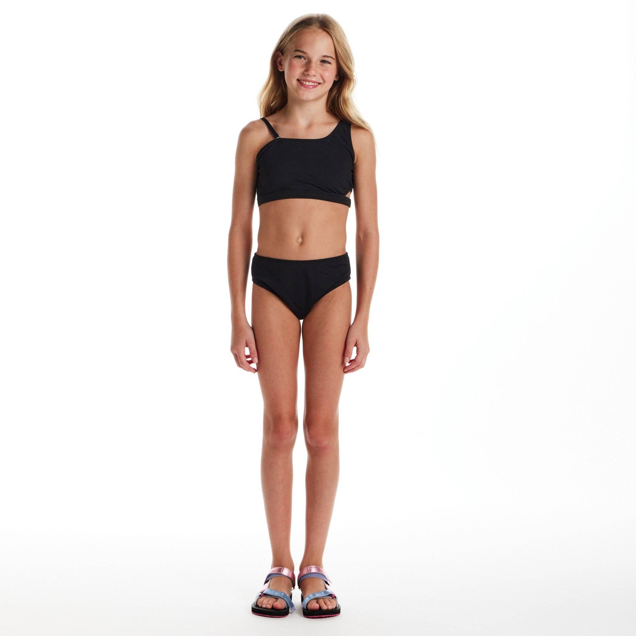 Tween Girls Rib Asymmetrical Bikini | Black