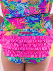 Girls Neon Ocean Coral Long Sleeve Rash Guard 2-Piece Swimsuit with Signature Rear Ruffles