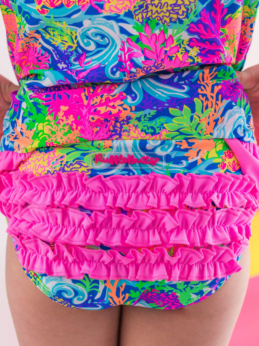 Girls Neon Ocean Coral Long Sleeve Rash Guard 2-Piece Swimsuit with Signature Rear Ruffles
