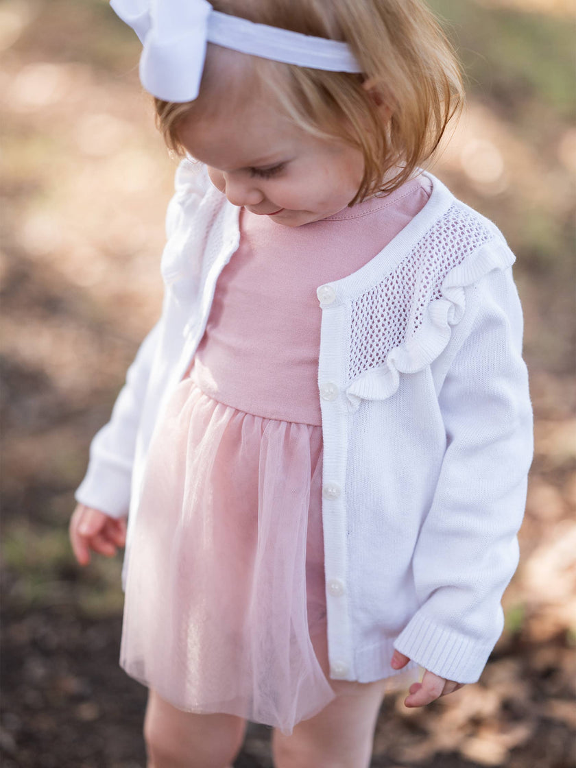 Girls Off-White Sweater Knit Ruffle Trim Cardigan