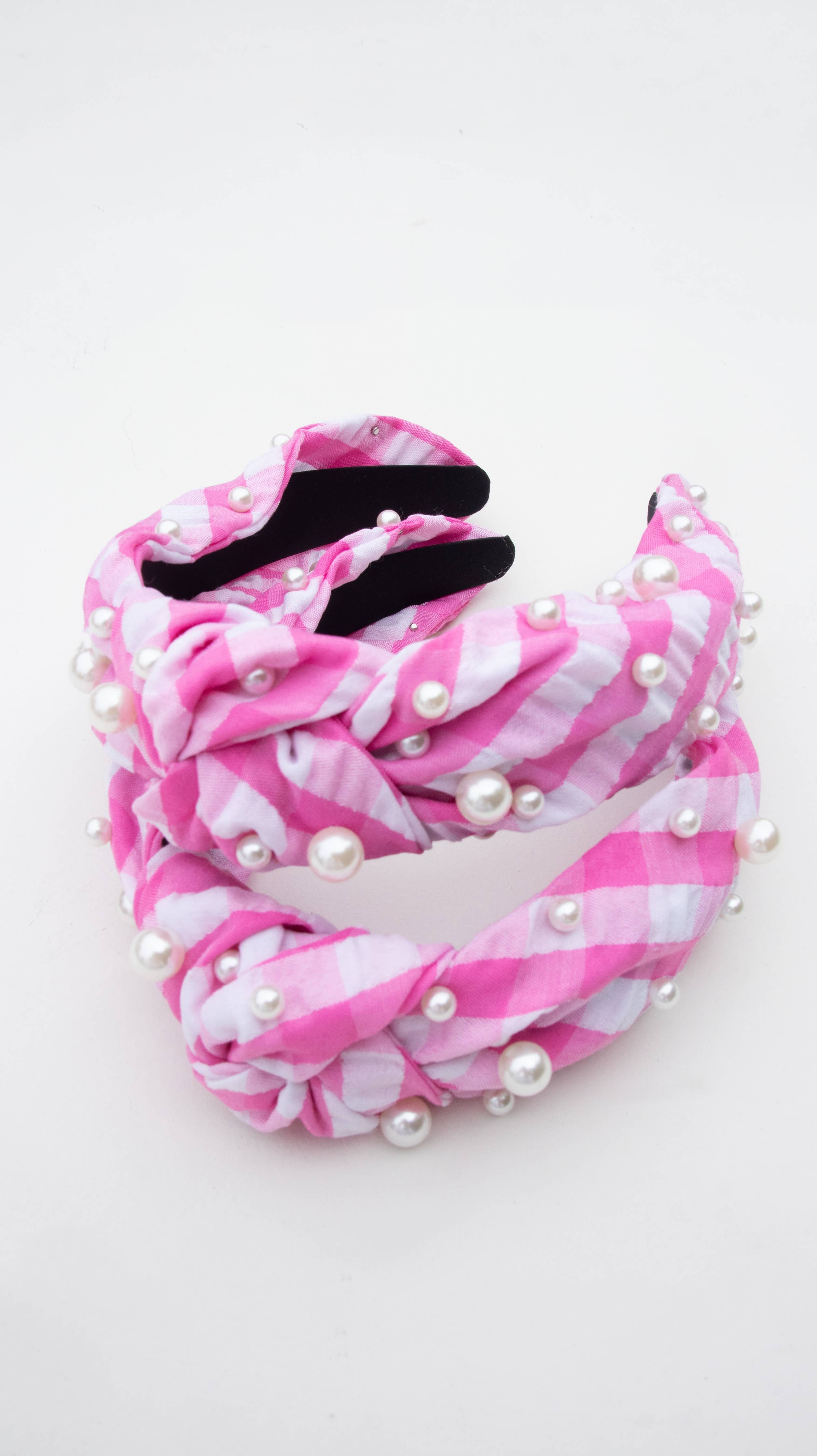 Pink Gingham Pearl Headband