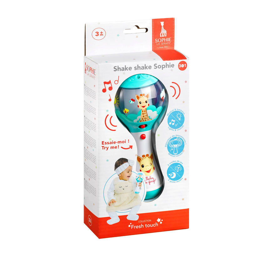 An innovative and electronic rattle to the image of sophie la girafe with a motion detector to awake baby and develop his curiosity!. 2 choices of playing mode:. • awaking mode: 4 different musical modes that works thanks to the motion detector. - rattle mode: the sound speeds up or slows to the rhythm of the wrist. - tempo mode: more we shake the rattle more the music speeds up. - animal mode: 6 animals sounds to discover. - melody mode: 4 musics to discover when you shake the rattle. • musical box: 6 melo