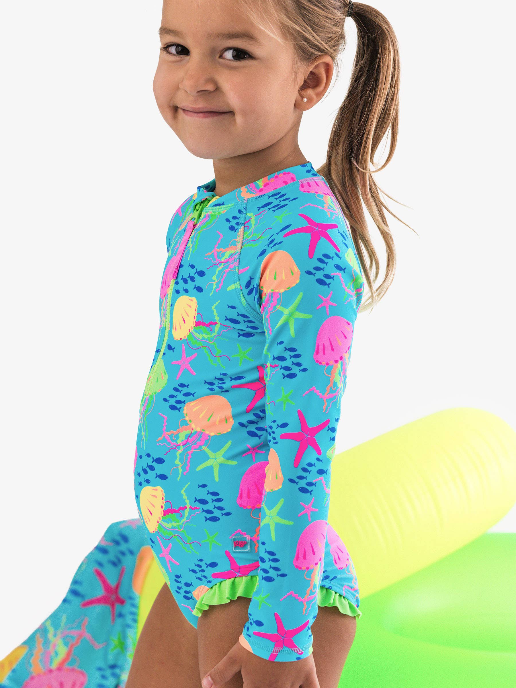 Girls Neon Jelly Time Long Sleeve One Piece Rash Guard Swimsuit