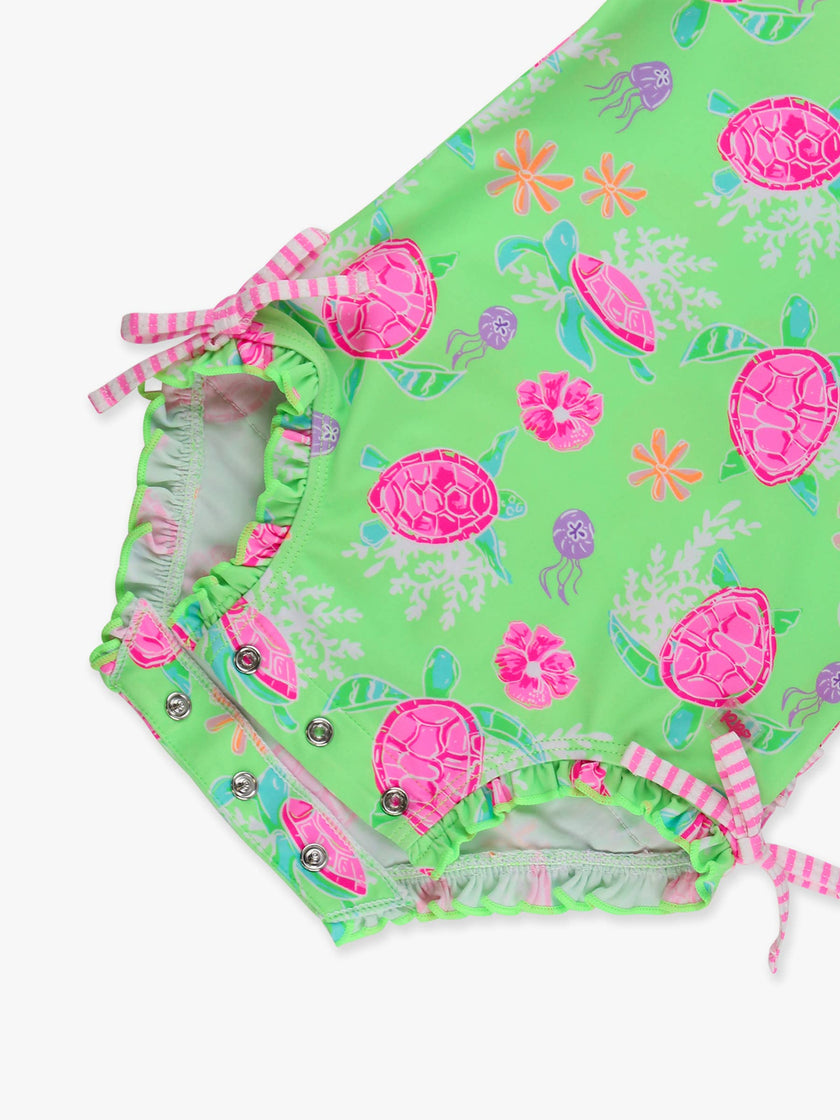 Baby Girls Neon Turtle Tide Long Sleeve One Piece Rash Guard Swimsuit with Signature Rear Ruffles