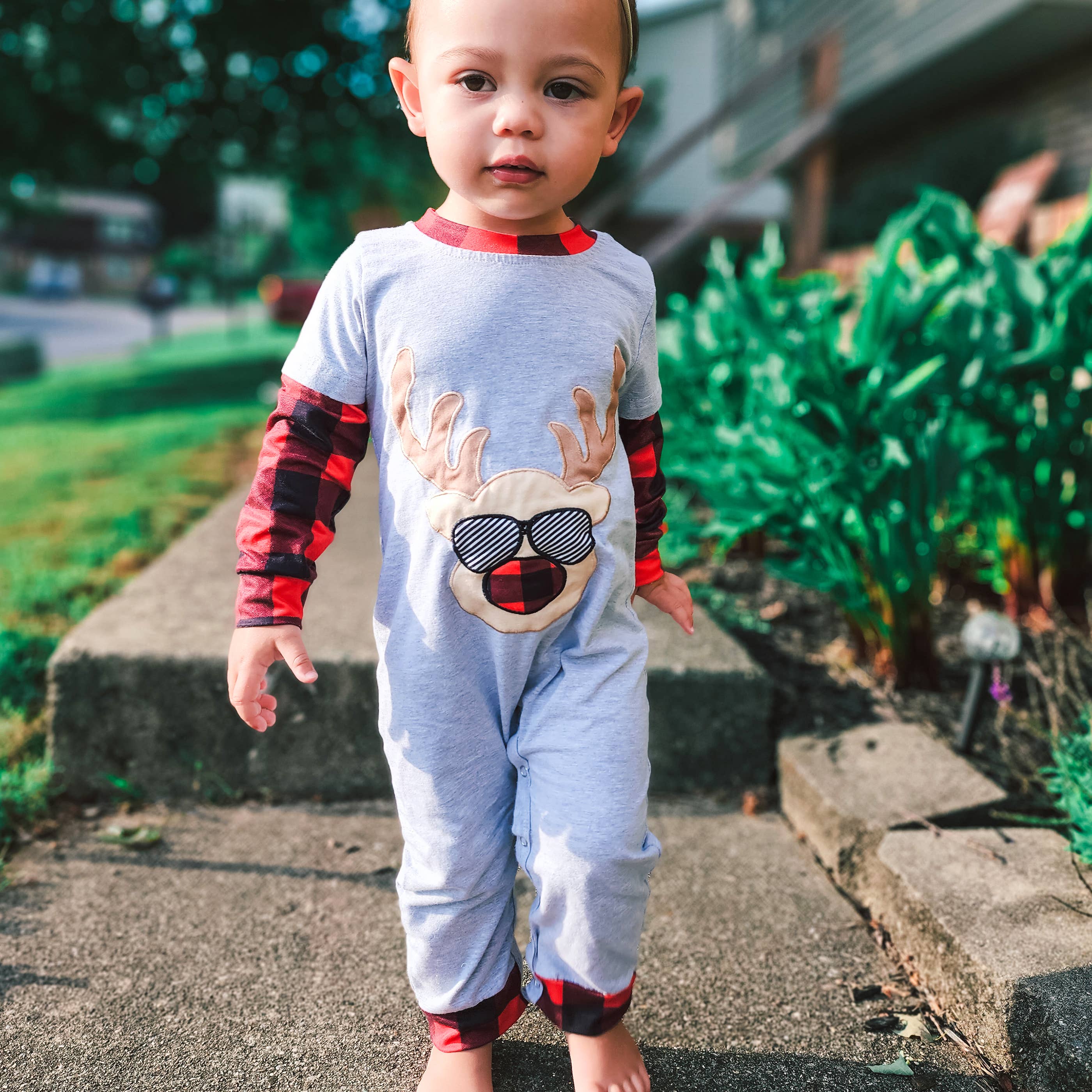 Baby Boys Christmas Romper Rudolph Reindeer Plaid Onesie
