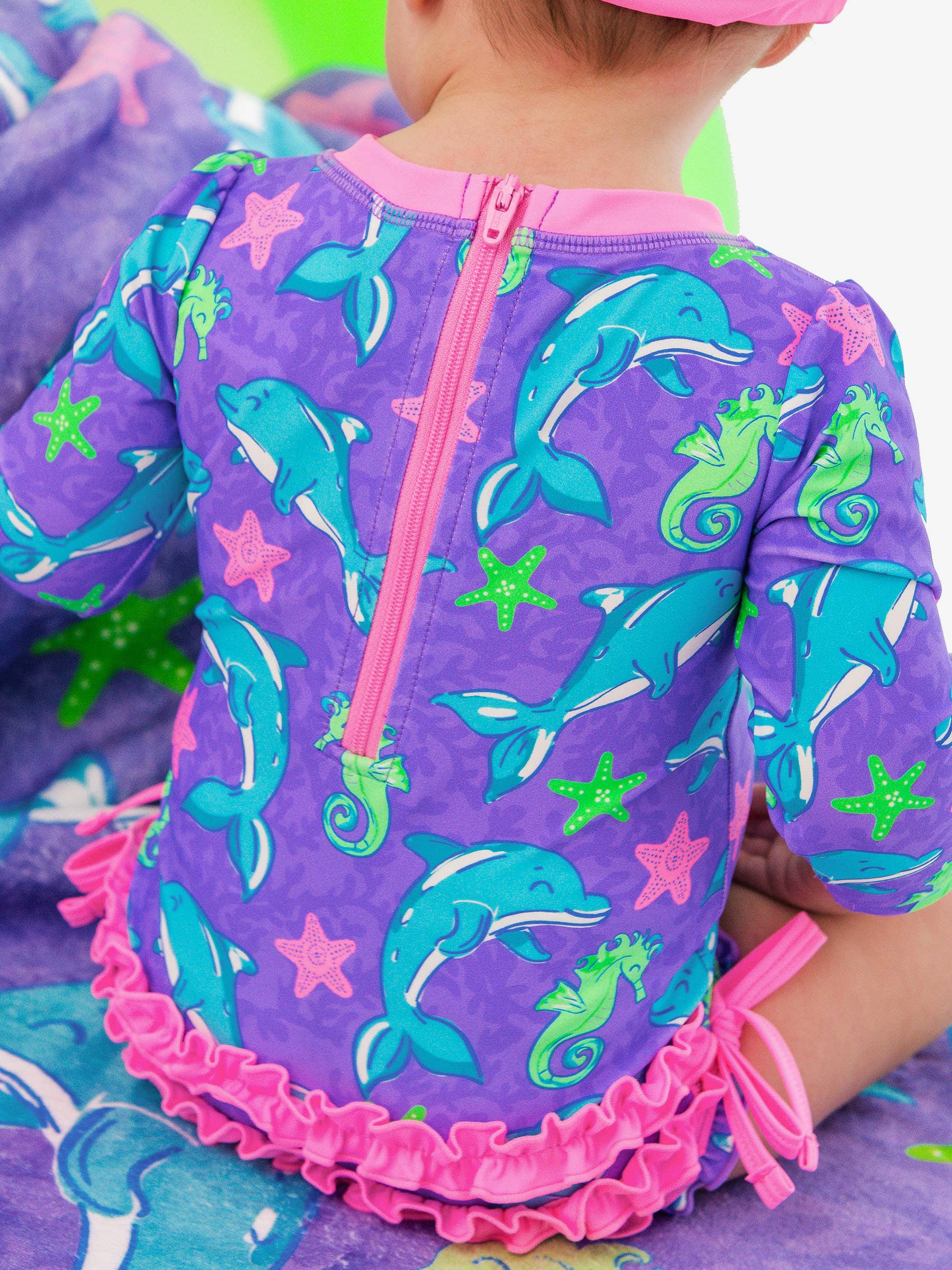 Baby Girls Neon Fin Friends Long Sleeve One Piece Rash Guard Swimsuit with Signature Rear Ruffles