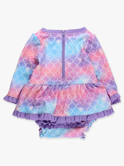 Baby Girls Shimmer Mermaid Tale Long Sleeve One Piece Bow Peplum Rash Guard Swimsuit with Signature Rear Ruffles