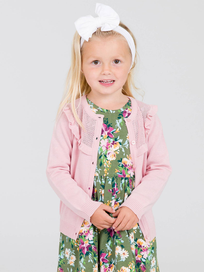 Girls Pink Sweater Knit Ruffle Trim Cardigan