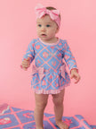 Baby Girls Tropical Trellis Long Sleeve One Piece Bow Peplum Rash Guard Swimsuit with Signature Rear Ruffles