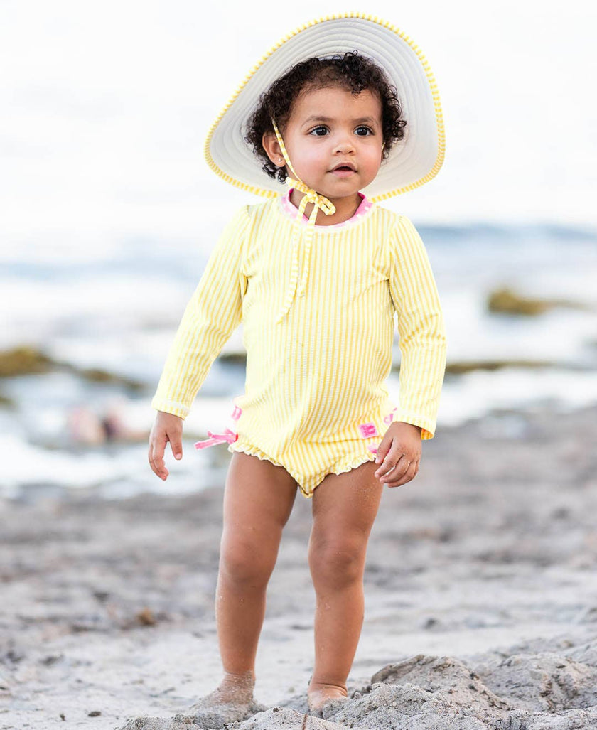 Banana Yellow Seersucker Long Sleeve One Piece Rash Guard