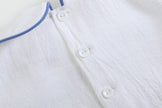 White Collared Top and Blue Button Shorts